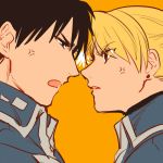  1boy 1girl annoyed black_eyes black_hair blonde_hair brown_eyes earrings eyebrows_visible_through_hair fighting frown fullmetal_alchemist jewelry makaron611 military military_uniform noses_touching open_mouth orange_background riza_hawkeye roy_mustang simple_background uniform 