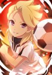 1boy ball bangs blonde_hair clenched_hands cowboy_shot eyebrows_visible_through_hair highres inazuma_eleven_(series) inazuma_eleven_go inazuma_eleven_go_galaxy looking_at_viewer male_focus parted_lips roran_lazarev running sekina short_sleeves shorts sketch smile soccer_ball soccer_uniform solo sportswear standing violet_eyes white_short white_shorts 