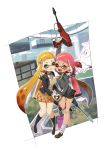  2girls ;d ;p blazer blue_eyes bow bowtie breasts cardigan domino_mask fangs full_body hair_ornament hairclip heart highres inkling jacket long_sleeves looking_at_viewer mask multiple_girls necktie one_eye_closed open_mouth orange_eyes redhead school_uniform shorts_under_skirt skirt small_breasts smile splatoon tentacle_hair tongue tongue_out yellow_eyes yu-ri 