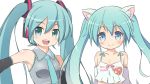  2girls :d animal_ears aqua_eyes aqua_hair aqua_neckwear bangs bare_shoulders blue_eyes blush breasts camisole cat_ears closed_mouth clothes_writing collarbone collared_shirt commentary_request detached_sleeves eyebrows_visible_through_hair grey_shirt hair_between_eyes hair_ornament hatsune_miku headset long_hair long_sleeves multiple_girls necktie nekono_rin open_mouth shirt sleeveless sleeveless_shirt small_breasts smile spaghetti_strap twintails upper_body vocaloid white_camisole 