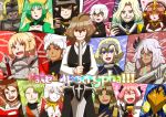  6+boys 6+girls absurdres ahoge animal_ears archer_of_black archer_of_red armor armored_dress assassin_of_black assassin_of_red balmung_(fate/apocrypha) bangs berserker_of_black berserker_of_red black_hair black_pants blonde_hair book bridal_veil brown_hair cape capelet caster_of_black caster_of_red cat_ears chains cloak closed_eyes commentary dark_skin eyebrows_visible_through_hair facial_hair fang fate/apocrypha fate_(series) fur_trim gauntlets green_eyes green_hair headpiece highres holding holding_book holding_sword holding_weapon horn jeanne_d&#039;arc_(fate) jeanne_d&#039;arc_(fate)_(all) karna_(fate) kotomine_shirou lancer_of_black long_hair long_sleeves looking_at_viewer mask multicolored_hair multiple_boys multiple_girls mustache one_eye_closed open_clothes pale_skin pants pink_hair priest purple_hair red_eyes rider_of_black rider_of_red saber_of_black saber_of_red sakuragi_anju scar scar_across_eye shirt short_hair sieg_(fate/apocrypha) silver_hair sweatdrop sword tattoo thumbs_up trap turtleneck two-tone_hair v veil very_long_hair violet_eyes waistcoat weapon white_shirt yellow_eyes 