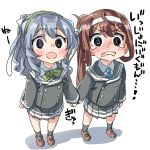  2girls @_@ ahoge asagumo_(kantai_collection) bangs black_legwear blue_eyes blush bow bowtie brown_footwear brown_hair commentary_request ebifurya eyebrows_visible_through_hair full_body green_neckwear hairband hand_holding highres kantai_collection long_hair long_sleeves looking_at_viewer mary_janes multiple_girls open_mouth pleated_skirt ponytail school_uniform serafuku shoes sidelocks simple_background skirt snot socks standing tears white_background yamagumo_(kantai_collection) 