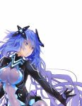  1girl :o absurdres blue_eyes blue_hair bodysuit braid breasts elbow_gloves gloves headgear highres large_breasts long_hair looking_to_the_side neptune_(series) next_purple power_symbol purple_hair purple_heart shin_jigen_game_neptune_vii shishin_(shishintei) simple_background solo symbol-shaped_pupils twin_braids twintails very_long_hair white_background 