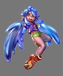  1girl amano-g ankle_boots blue_hair boots flat_chest full_body fusion grey_background harpy inkling monster_girl monster_musume_no_iru_nichijou papi_(monster_musume) pointy_ears shirt short_hair_with_long_locks short_shorts shorts solo splatoon symbol-shaped_pupils t-shirt 
