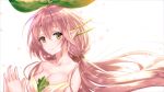  1girl bangs bare_shoulders breasts cleavage collarbone granblue_fantasy hair_ornament highres jun_project large_breasts leaf long_hair looking_at_viewer pink_hair plant_girl pointy_ears simple_background smile solo sparkle twintails white white_background yellow_eyes yggdrasill_(granblue_fantasy) 