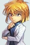  1girl bangs blonde_hair blue_background blue_eyes blue_scarf closed_mouth finger_to_chin haibara_ai hair_between_eyes hankuri labcoat long_sleeves meitantei_conan scarf short_hair simple_background smile solo upper_body 