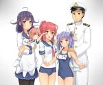  1boy 1girl 4girls :3 :d admiral_(kantai_collection) ahoge anchor_symbol apron arm_behind_back arm_up bangs bare_arms bare_legs bare_shoulders barefoot black_legwear blue_hair blue_skirt blue_swimsuit blunt_bangs blush breasts brown_eyes brown_hair buttons character_name child cleavage closed_mouth collarbone competition_school_swimsuit covered_navel cowboy_shot eyebrows_visible_through_hair flower-shaped_pupils gloves gradient gradient_background grey_background hair_between_eyes hair_flaps hair_ornament hair_over_shoulder hair_ribbon hand_on_another&#039;s_head hand_on_another&#039;s_shoulder hat headgear i-168_(kantai_collection) i-19_(kantai_collection) i-58_(kantai_collection) jewelry kantai_collection long_hair long_sleeves low-tied_long_hair low_twintails magatama medium_breasts military military_hat military_uniform multiple_girls name_tag naval_uniform neckerchief necklace one-piece_swimsuit open_mouth pants pantyhose peaked_cap pendant pink_eyes pink_hair pink_ribbon pleated_skirt ponytail purple_hair red_eyes redhead ribbon sailor_collar school_swimsuit school_uniform serafuku shirt short_hair short_sleeves simple_background skin_tight skirt smile soil_chopsticks spread_fingers standing swimsuit swimsuit_under_clothes symbol-shaped_pupils taigei_(kantai_collection) tri_tails twintails uniform white_apron white_gloves white_hat white_pants white_shirt x_hair_ornament younger 