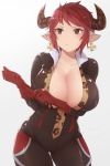  1girl adjusting_clothes adjusting_gloves black_bodysuit bodysuit breasts brown_eyes closed_mouth collarbone commentary_request contrapposto cowboy_shot cross cross_earrings earrings elbow_gloves gloves granblue_fantasy grey_background horns jewelry large_breasts leopard_print long_hair moshoko_(mizuneroku) pointy_ears red_gloves redhead shiny shiny_clothes short_hair simple_background skin_tight solo standing sturm_(granblue_fantasy) tsurime v-shaped_eyebrows 