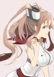  1girl blood_type_ab breast_pocket breasts brown_hair cowboy_shot dress green_eyes highres kantai_collection large_breasts neckerchief pink_background pocket ponytail profile red_legwear red_neckwear saratoga_(kantai_collection) side_ponytail sidelocks simple_background smokestack solo white_dress 