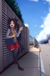  1girl :d absurdres against_wall bag bangs black_hair black_legwear blue_eyes blue_sky boa_(brianoa) brown_footwear brown_vest clouds collared_shirt copyright_request fate/grand_order fate_(series) grey_shirt highres long_hair long_sleeves necktie open_mouth outdoors red_neckwear red_skirt road school_bag school_uniform shirt shoes shoulder_bag side_ponytail skirt sky smile solo standing standing_on_one_leg street thigh-highs tree ushiwakamaru_(fate/grand_order) very_long_hair vest wall waving wing_collar 