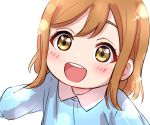  1girl :d bangs blue_dress blush brown_eyes brown_hair child dress highres kindergarten_uniform kunikida_hanamaru lens_flare long_sleeves love_live! love_live!_sunshine!! open_mouth round_teeth sekina short_hair simple_background smile solo sparkle teeth white_background younger 