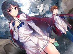  1boy 1girl ayanokouji_kiyotaka breasts brown_eyes brown_hair clouds cloudy_sky eyebrows_visible_through_hair hand_in_pocket highres horikita_suzune jacket long_hair looking_at_viewer necktie rain school_uniform skirt sky youkoso_jitsuryoku_shijou_shugi_no_kyoushitsu_e yu_yu 