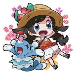  1girl black_hair blue_eyes blush_stickers braid brionne chibi flower hat hat_flower holding holding_poke_ball kingin long_hair mizuki_(pokemon_ultra_sm) open_mouth orange_shirt poke_ball pokemon pokemon_(creature) pokemon_(game) pokemon_ultra_sm shirt shorts sun_hat tank_top twin_braids white_shorts 