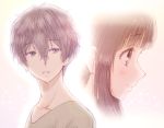  1boy 1girl bangs black_hair bluez blunt_bangs brown_shirt chitanda_eru close-up green_eyes hair_between_eyes hyouka open_mouth oreki_houtarou shirt smile upper_body violet_eyes 