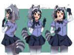  animal_ears black_gloves black_hair black_neckwear blue_shirt blush bow bowtie brown_eyes common_raccoon_(kemono_friends) cowboy_shot dated fang fur_collar gloves grey_hair hands_up highres karahai_(31448823) kemono_friends multicolored_hair open_mouth pantyhose pleated_skirt raccoon_ears raccoon_tail shirt short_sleeves skirt striped_tail tail yawning 