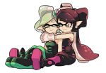  +_+ 2girls ankle_boots aori_(splatoon) black_dress black_footwear black_hair black_jumpsuit boots brown_eyes closed_mouth commentary_request cousins detached_collar domino_mask dress earrings food food_on_head gloves gradient_hair green_hair green_legwear grey_hair hotaru_(splatoon) hug hug_from_behind jewelry long_hair looking_at_another looking_back mask mole mole_under_eye multicolored_hair multiple_girls object_on_head one_eye_closed pantyhose pointy_ears purple_legwear short_hair short_jumpsuit simple_background sitting smile splatoon splatoon_1 squidbeak_splatoon strapless strapless_dress sushi tentacle_hair white_background white_gloves wong_ying_chee 