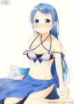  1girl bangs bare_arms bare_shoulders barefoot bikini_top blue_bow blue_eyes blue_hair blush bow breasts collarbone cosplay criss-cross_halter flying_sweatdrops gradient_hair groin halterneck highres kantai_collection leaf_print long_hair looking_at_viewer loose_bikini mae_(maesanpicture) motion_lines multicolored_hair navel nose_blush numbered raised_eyebrows samidare_(kantai_collection) sarong simple_background sitting small_breasts solo sweatdrop swept_bangs twitter_username umikaze_(kantai_collection) umikaze_(kantai_collection)_(cosplay) very_long_hair wariza wavy_mouth white_background 