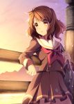  1girl absurdres bag brown_eyes brown_hair brown_serafuku brown_skirt cowboy_shot hibike!_euphonium highres neckerchief nyum oumae_kumiko pleated_skirt railing red_neckwear school_bag school_uniform serafuku short_hair skirt solo sunset wavy_hair white_sailor_collar 