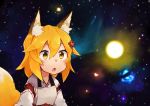  1girl :o animal_ears blonde_hair breasts commentary eyes_visible_through_hair fox_ears fox_tail hair_between_eyes hair_ornament japanese_clothes medium_breasts original rimukoro solo space star starry_background tail upper_body yellow_eyes 