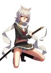  1girl absurdres animal_ears azur_lane black_legwear black_serafuku black_skirt closed_mouth eyebrows_visible_through_hair full_body hair_between_eyes highres holding holding_sword holding_weapon katana kneehighs kneeling loafers long_sleeves looking_at_viewer maya_(azur_lane) miniskirt navel panties pantyshot pantyshot_(kneeling) pleated_skirt sailor_collar scarf school_uniform serafuku shoes short_hair silver_hair simple_background skirt skirt_lift solo spread_legs sword underwear weapon white_background white_panties white_scarf wind wind_lift yellow_eyes yueye_(blbl-y) 