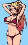  1girl adjusting_hair akairiot armpits bangs bikini blonde_hair breasts choker cleavage elf eyebrows groin hands_in_hair heart_pendant large_breasts long_hair lowleg lowleg_bikini navel original parted_bangs pink_eyes pointy_ears ponytail purple_bikini solo striped striped_bikini swimsuit under_boob vertical-striped_bikini vertical_stripes 