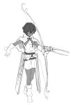  1boy arjuna_(fate/grand_order) boots bow_(weapon) capelet dark_skin dark_skinned_male fate/grand_order fate_(series) full_body fur_trim gloves greyscale looking_at_viewer male_focus monochrome pom_pom_(clothes) ribbon santa_costume shorts simple_background solo weapon white_background 