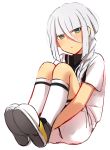  1boy androgynous bangs blunt_bangs blush braid hair_between_eyes hair_over_shoulder highres inazuma_eleven_(series) inazuma_eleven_go inazuma_eleven_go_galaxy leg_hug legs_together looking_at_viewer male_focus parted_lips sekina shirt shoes short_sleeves shorts silver_hair simple_background single_braid sitting soccer_uniform socks solo sportswear white_background white_legwear white_shirt white_shorts yuri_averin 