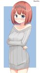  1girl ark_royal_(kantai_collection) blue_eyes blush bob_cut breast_rest breasts chaa_(korone-ze) commentary_request crossed_arms dress embarrassed hairband highres kantai_collection looking_at_viewer redhead ribbed_sweater short_hair solo sweatdrop sweater sweater_dress tiara 