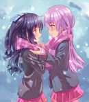  2girls black_hair black_jacket blush grav hair_ribbon highres jacket long_hair looking_at_another multiple_girls nepgear neptune_(series) purple_hair red_eyes ribbon scarf shared_scarf smile snowing uni_(choujigen_game_neptune) violet_eyes yuri 