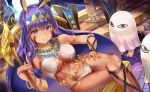  1girl bangs barefoot breasts dark_skin earrings egyptian egyptian_clothes facial_mark fate/grand_order fate_(series) himuro_(dobu_no_hotori) holding holding_weapon hoop_earrings jackal_ears jewelry legs_crossed long_hair low-tied_long_hair medium_breasts medjed nitocris_(fate/grand_order) purple_hair smile staff under_boob violet_eyes weapon 