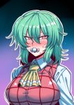  1girl ascot blush breasts embarrassed green_hair hair_between_eyes kazami_yuuka large_breasts long_sleeves looking_at_viewer pacifier plaid plaid_vest red_eyes shirt solo sweat touhou tsuki_wani tsurime vest wavy_hair white_shirt 