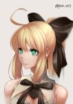  1girl artoria_pendragon_(all) bare_shoulders black_bow black_ribbon blonde_hair bow closed_mouth fate/stay_night fate_(series) green_eyes hair_bow highres long_hair ponytail portrait ribbon saber_lily sidelocks smile solo sowel_(sk3) twitter_username 