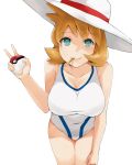  1girl blue_eyes blush breasts cleavage collarbone covered_navel cowboy_shot food food_in_mouth hat highres ice_cream j@ck kasumi_(pokemon) large_breasts leaning_forward looking_at_viewer one-piece_swimsuit orange_hair poke_ball pokemon pokemon_(game) pokemon_hgss short_hair smile solo sun_hat swimsuit 