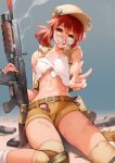  1girl absurdres ataruman badge baseball_cap belt boots breasts brown_eyes brown_hair bullet commentary fio_germi glasses gun hat highres knee_pads metal_slug midriff military navel ponytail shorts sleeveless solo torn_clothes vest weapon 