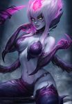  1girl blade blue_skin breasts claws dated deviantart_username evelynn fiery_hair hair_between_eyes hand_on_own_cheek highres large_breasts league_of_legends lips looking_at_viewer mirco_cabbia navel parted_lips patreon_username pink_lips purple_legwear short_hair_with_long_locks signature sitting slit_pupils smile solo thigh-highs white_hair yellow_eyes 