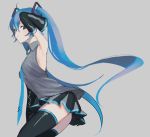  1girl aqua_hair aqua_neckwear armpits bare_shoulders black_legwear black_skirt blue_eyes blush collared_shirt cowboy_shot detached_sleeves grey_background grey_shirt hair_between_eyes hand_up hatsune_miku long_hair looking_at_viewer looking_to_the_side necktie p2_(uxjzz) parted_lips pleated_skirt shirt simple_background skirt sleeveless sleeveless_shirt solo thigh-highs twintails very_long_hair vocaloid 