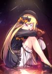  1girl abigail_williams_(fate/grand_order) bangs black_bow black_dress black_footwear black_hat blonde_hair bloomers bow closed_mouth commentary_request dress fate/grand_order fate_(series) glowing glowing_eyes hair_bow hands_in_sleeves hat keyhole long_sleeves looking_at_viewer looking_to_the_side orange_bow parted_bangs polka_dot polka_dot_bow reflection shoes sitting smile solo stuffed_animal stuffed_toy teddy_bear underwear violet_eyes white_bloomers yan_(nicknikg) 