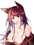  1girl absurdres akagi_(azur_lane) animal_ears azur_lane black_hair breasts cleavage commentary fox_ears hair_tubes highres japanese_clothes large_breasts long_hair looking_at_viewer motty off_shoulder open_mouth red_eyes solo 