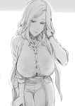  1girl belt blush breasts buttons cowboy_shot earrings erect_nipples eyes_visible_through_hair greyscale hand_in_hair highres huge_breasts jewelry large_breasts leaning_forward looking_at_viewer monochrome nakamura_regura necklace original pants parted_lips shirt short_hair sleeves_rolled_up smile solo watch watch 