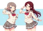  2girls :o ;d bangs blue_eyes blush bow brown_hair clare_(puyo2) contrapposto cowboy_shot eyebrows_visible_through_hair grin hair_ornament hairclip hand_up long_hair looking_at_viewer love_live! love_live!_sunshine!! multiple_girls one_eye_closed open_mouth pleated_skirt red_bow redhead sakurauchi_riko salute school_uniform serafuku skirt smile swept_bangs watanabe_you yellow_eyes 