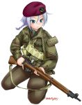  1girl belt beret blue_eyes blue_hair blush bolt_action braid brown_pants camouflage closed_mouth ebifly eyebrows_visible_through_hair green_jacket gun hair_between_eyes hat holding holding_gun holding_weapon jacket long_sleeves military mosin-nagant original pants pouch rifle simple_background single_braid sitting soldier solo trigger_discipline twitter_username weapon white_background 