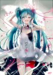  1girl aqua_eyes aqua_hair artist_name bandage bare_shoulders blurry blush byoumei_wa_ai_datta_(vocaloid) collarbone cowboy_shot dress hair_ribbon hatsune_miku highres k.syo.e+ long_hair one_eye_closed open_mouth purple_ribbon ribbon signature solo song_name sundress tears twintails very_long_hair vocaloid white_dress 