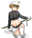  1girl black_jacket breast_pocket brown_eyes brown_hair copyright_request ebifly feet_out_of_frame garter_straps gloves hair_between_eyes hair_bun hat holding holding_sword holding_weapon insignia jacket katana long_sleeves looking_at_viewer medal military military_hat military_uniform miniskirt navel parted_lips peaked_cap pleated_skirt pocket sitting skirt solo sword thigh-highs twitter_username uniform weapon white_gloves white_legwear 
