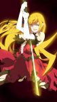  1girl bare_shoulders black_legwear breasts cleavage dress elbow_gloves gloves hanako-0001 highres holding holding_sword holding_weapon katana kiss-shot_acerola-orion_heart-under-blade long_hair looking_at_viewer monogatari_(series) smile solo sword thigh-highs torn_clothes torn_thighhighs very_long_hair weapon white_gloves 