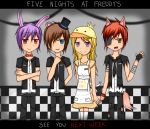  10s 1girl 3boys 56jocey animal_ears apron bandage bear bear_ears bird_hat blonde_hair blue_eyes bonnie_(fnaf) bowtie brown_hair checkered chica chicken chicken_hat deviantart dress english_commentary eyepatch fangs five_nights_at_freddy&#039;s fox fox_ears fox_tail foxy_(fnaf) freddy_fazbear gijinka gloves hook humanization long_hair orange_eyes personification pirate pirate_hook purple_hair rabbit rabbit_ears red_eyes red_hair scott_cawthon_(company) short_hair tie top_hat uniform violet_eyes weapon yellow_dress 