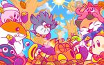  1girl 5boys autumn autumn_leaves beanie bird blush_stickers bobblehat bow bowtie cat chuchu_(kirby) commentary_request con_(kirby) coo_(kirby) eating fish food fox gooey hamster hat hot_head_(kirby) kine_(kirby) kirby kirby_(series) leaf multiple_boys nago no_humans octopus official_art owl pitch_(kirby) pon_(kirby) rick_(kirby) roasting sun sweet_potato tanuki tree waddle_dee 