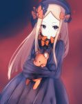  1girl abigail_williams_(fate/grand_order) ao_(user_ctez2482) bangs black_bow black_dress black_hat blonde_hair blue_eyes bow closed_mouth dress dutch_angle eyebrows_visible_through_hair fate/grand_order fate_(series) hair_bow hands_in_sleeves hat long_sleeves looking_at_viewer object_hug orange_bow parted_bangs polka_dot polka_dot_bow solo stuffed_animal stuffed_toy teddy_bear 