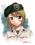  1girl bandaid bandaid_on_cheek beret blonde_hair blue_background blue_eyes blush brown_shirt dated ebifly eyebrows_visible_through_hair hair_between_eyes hat jacket looking_at_viewer military military_uniform original parted_lips portrait shirt signature smile solo uniform 