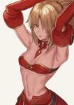  1girl armpits arms_up bandeau bangs blonde_hair breasts detached_sleeves emoshon eyebrows_visible_through_hair fate/apocrypha fate_(series) grey_background highres long_hair looking_at_viewer mordred_(fate) mordred_(fate)_(all) navel parted_bangs parted_lips red_skirt saber_of_red simple_background skirt small_breasts solo 