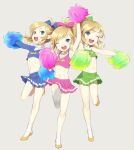  3boys arm_up armpits blonde_hair bow cheerleader crossdressinging hair_bow highres link looking_at_viewer meimone midriff multiple_boys navel one_eye_closed open_mouth pointy_ears pom_poms skirt smile socks stomach the_legend_of_zelda the_legend_of_zelda:_tri_force_heroes toon_link trap 